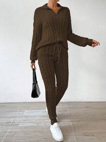 SHEIN Essnce Màu thuần Áo len Hai chiếc Bộ - Màu Khaki - Xem 1