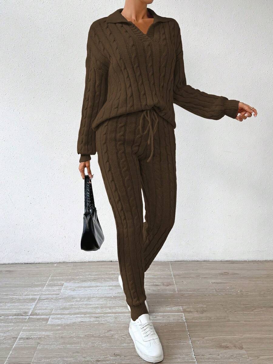 SHEIN Essnce Màu thuần Áo len Hai chiếc Bộ - Màu Khaki - Xem 1