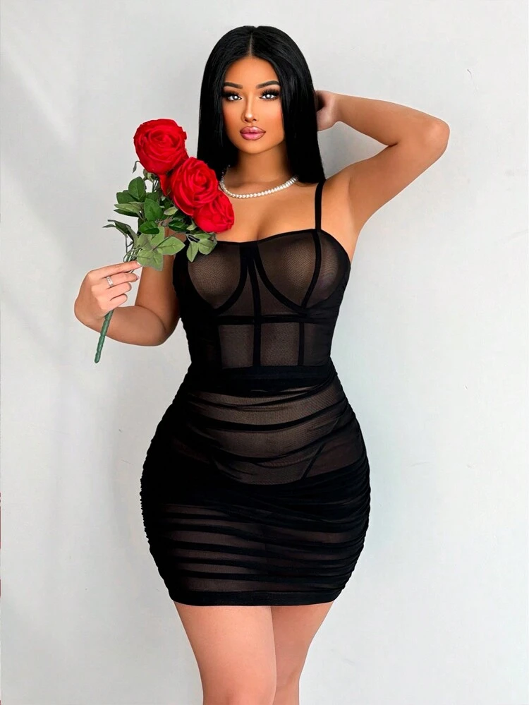 Pleated Mesh Overlay Cami Bodysuit And Skirt 2pcs Set