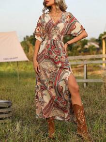 Breezaya Paisley Print High Side Slit Dress Maxi Vacation Beach Outfits Women - Multicolor - View 4