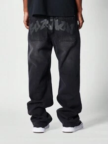 SUMWON Loose Fit Jean With Front And Back Graphic Print - Black - View 1