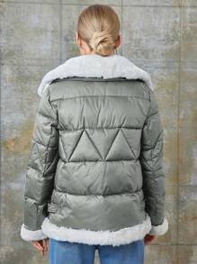 MIEGOFCE Damen Lange Ärmel Reißverschluss Lässig Flauschige Patchwork Winter Jacke - Hellgrau - Übersicht 2