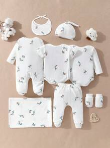 SHEIN Baby Girl Flower And Fruit Jumpsuit Jumpsuit, Drool Bib, Hat, Gloves And Pants Eight-Piece Gift Box - Multicolor - View 2