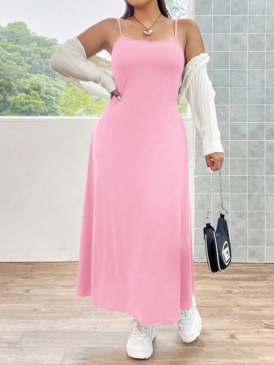 Flirla Plus Size Women's Versatile Basic Cami Dress - Pink - View 1