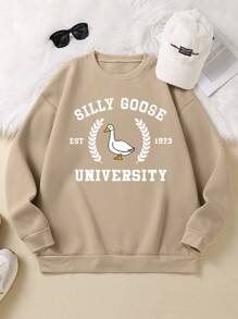 SHEIN EZwear 加大尺寸卡通和字母印花保暖衬裡毛衣 - 卡其色 - 查看 5