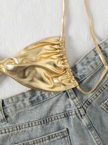SHEIN Swim Áo bơi xoắn kim loại cho nữ - Vàng - Xem 4