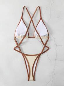 Swim SXY 女士對比色口袋一字領連身泳衣 - 杏色 - 查看 4