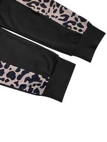 2pcs Set Leopard Pattern Contrast Color Zipper Half-Open Neck Top And Long Pants For Autumn/Winter
