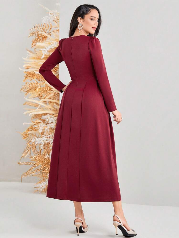 Burgundy Red Women'S Solid Color Pleated Dress