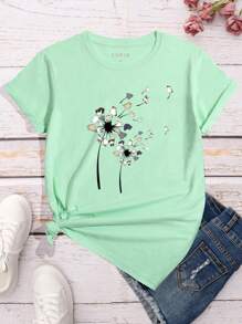 SHEIN LUNE 女款卡通貓印花短袖t恤 - 青檸色 - 查看 1