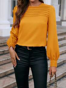 SHEIN Clasi 女士褶皺燈籠袖襯衫 - 黃色 - 查看 1