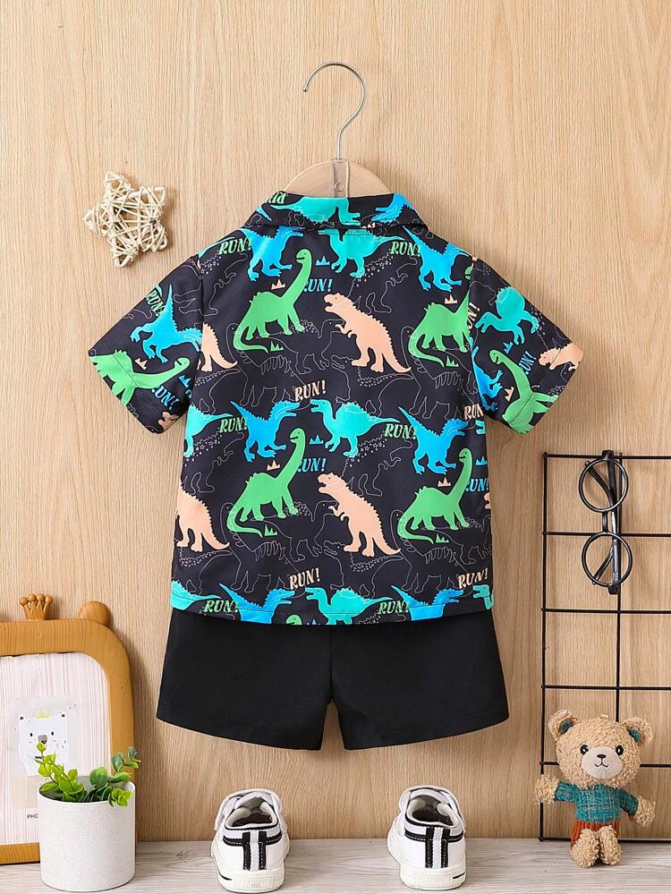 Baby Boy Casual Cartoon Dinosaur Print Short Sleeve Shirt And Shorts Set For Summer