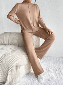 EMERY ROSE Màu thuần Áo len Hai chiếc Bộ - Lạc đà - Xem 5