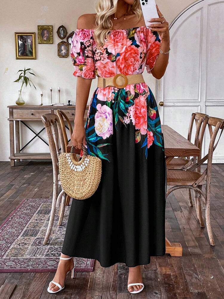 Floral Printed Open Shoulder Bell Sleeve Dress