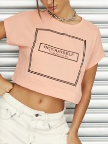 Camiseta Cropped Feminina de Manga Curta com Gola Redonda e Estampa de Slogan - Rosa chiclete - Visão 3