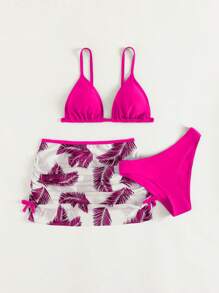 Teen Girls Tropical Print Bikini Set With Beach Skirt Summer Beach - Multicolor - View 3