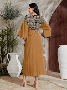 Al Najma Women's V-Neck Patchwork Geometric Pattern Dress Kaftan Jalabiya Dress - Yellow - View 2