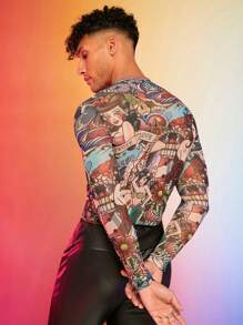 FeverCity Men Funny Cartoon Print Slim Fit Long Sleeve T-Shirt, Boyfriend Gift, For Going Out, Summer, Fall - Multicolor - View 2