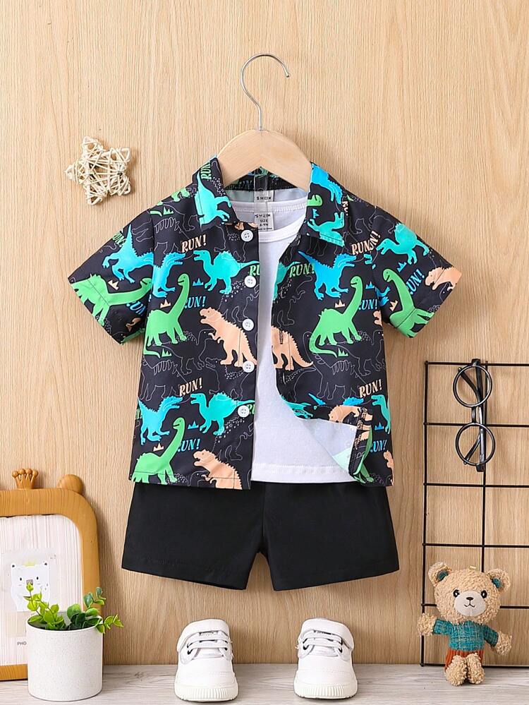 Baby Boy Casual Cartoon Dinosaur Print Short Sleeve Shirt And Shorts Set For Summer
