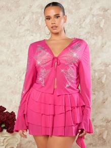 SHEIN BAE Kích thước lớn Pha lê Mô hình hoa Cà vạt Ruffle Áo sơ mi - Màu Hồng Tươi - Xem 1