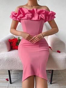 SHEIN Privé Vestido Con Detalle De Hombro Descubierto Y Volante, Con Abertura En La Espalda - Rosa - Ver 1
