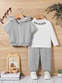 SHEIN Baby Boys' Letter Print High Neck Top With Inner Fleece, Zipper Hoodie And Wide Leg Pants 3pcs/set - Light Grey - View 7