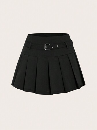 女士休闲百搭纯色褶皱方形扣腰带迷你裙短裤