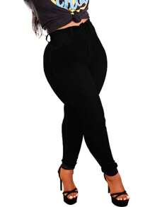 Women High-Waisted Casual Versatile Skinny Fit Jeans - Black - View 5