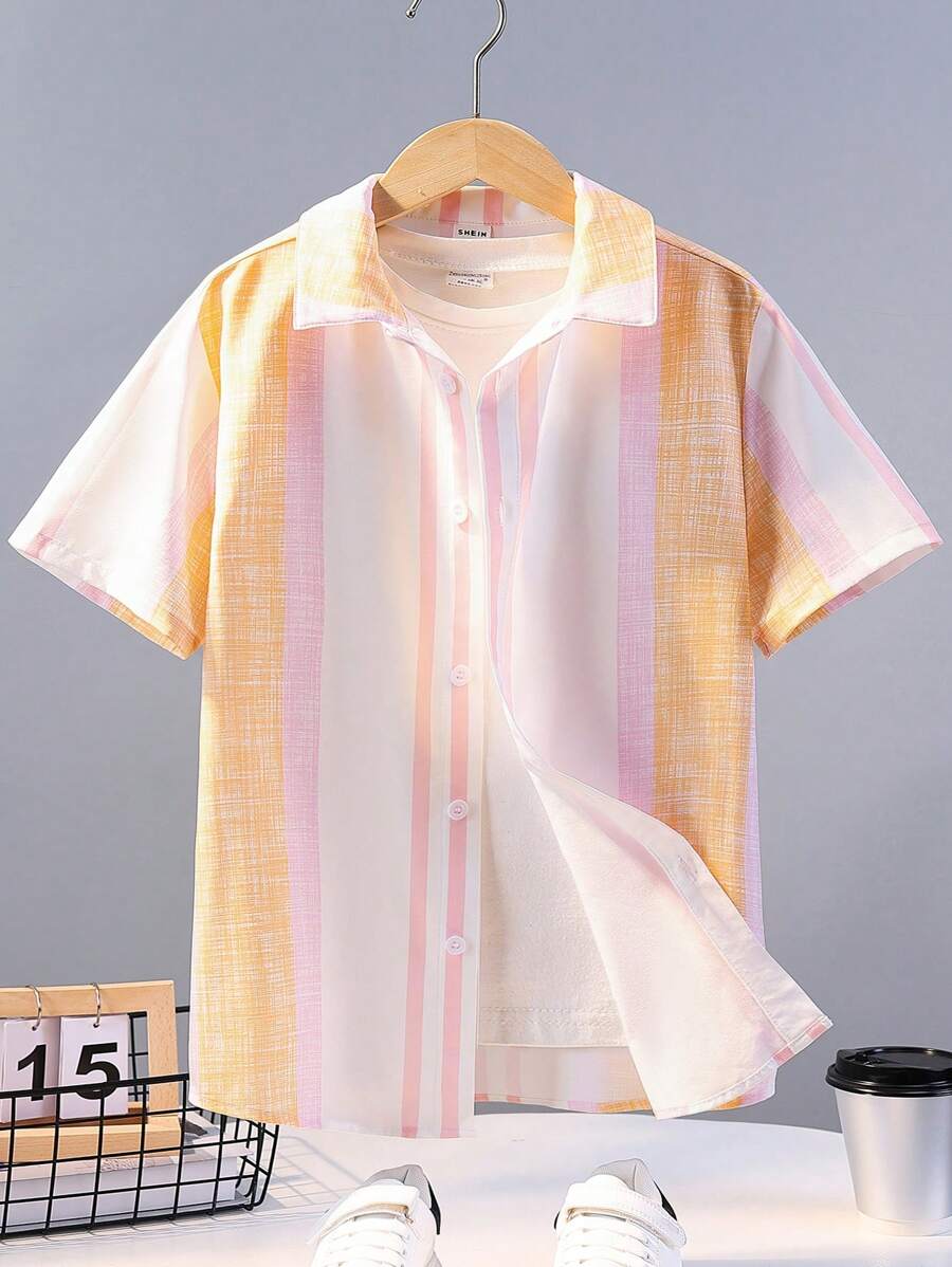 SHEIN 男孩寬鬆休閒翻領條紋短袖襯衫 - 粉色 - 查看 1