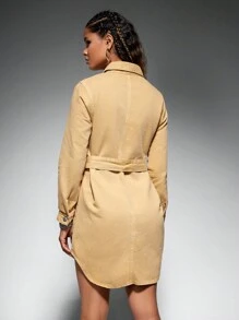 SHEIN EZwear 女用短襯衫領牛仔連身裙 - 黃色 - 查看 3