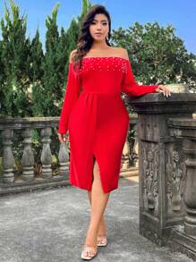SHEIN Belle Kích thước lớn Ngọc trai đính cườm Off Shoulder Khe Đầm - Đỏ - Xem 4