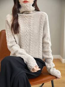 100%美麗諾羊毛高領毛衣,柔軟溫暖的長袖時尚毛衣 - 駝色 - 查看 2