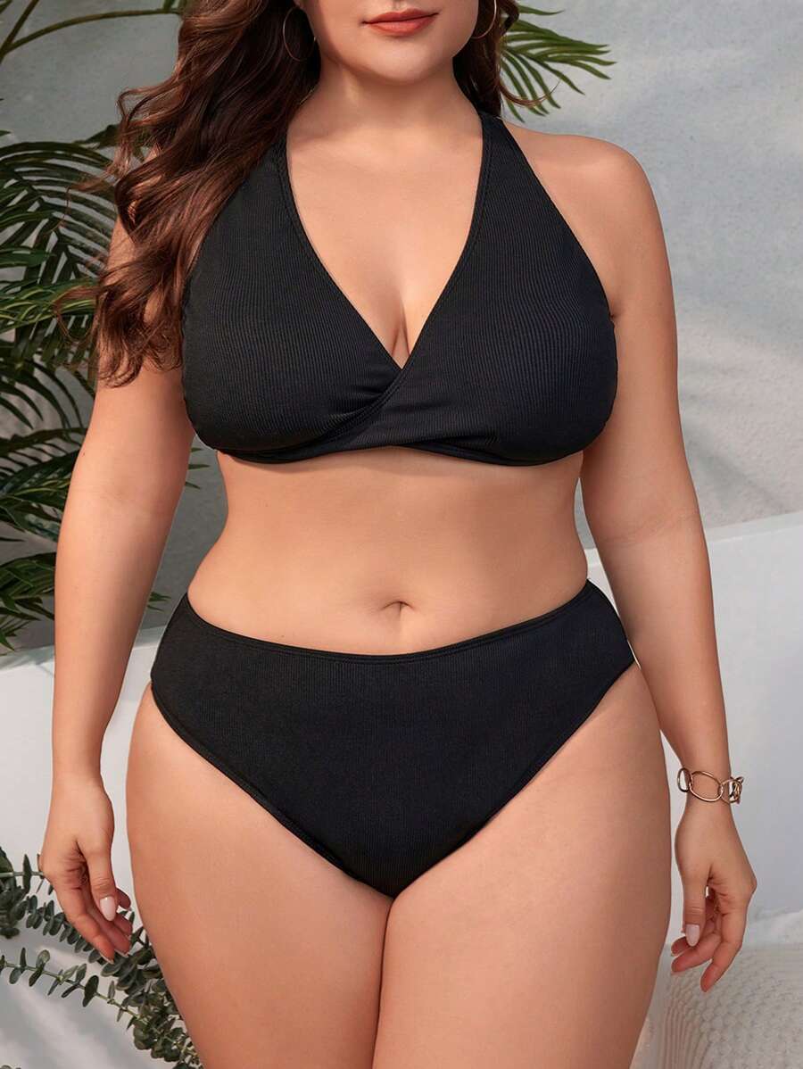 SHEIN Swim Curve Plus Size Solid Color Bikini Set Suit Summer Beach - Black - View 1