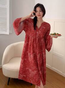 DAZY Plant Print Loose Sleep Dress With Ruffle Sleeves - Red - View 3