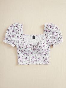 Soleia In hoa Ditsy Nút phía trước Áo phông Crop - Màu tím  Violet - Xem 3