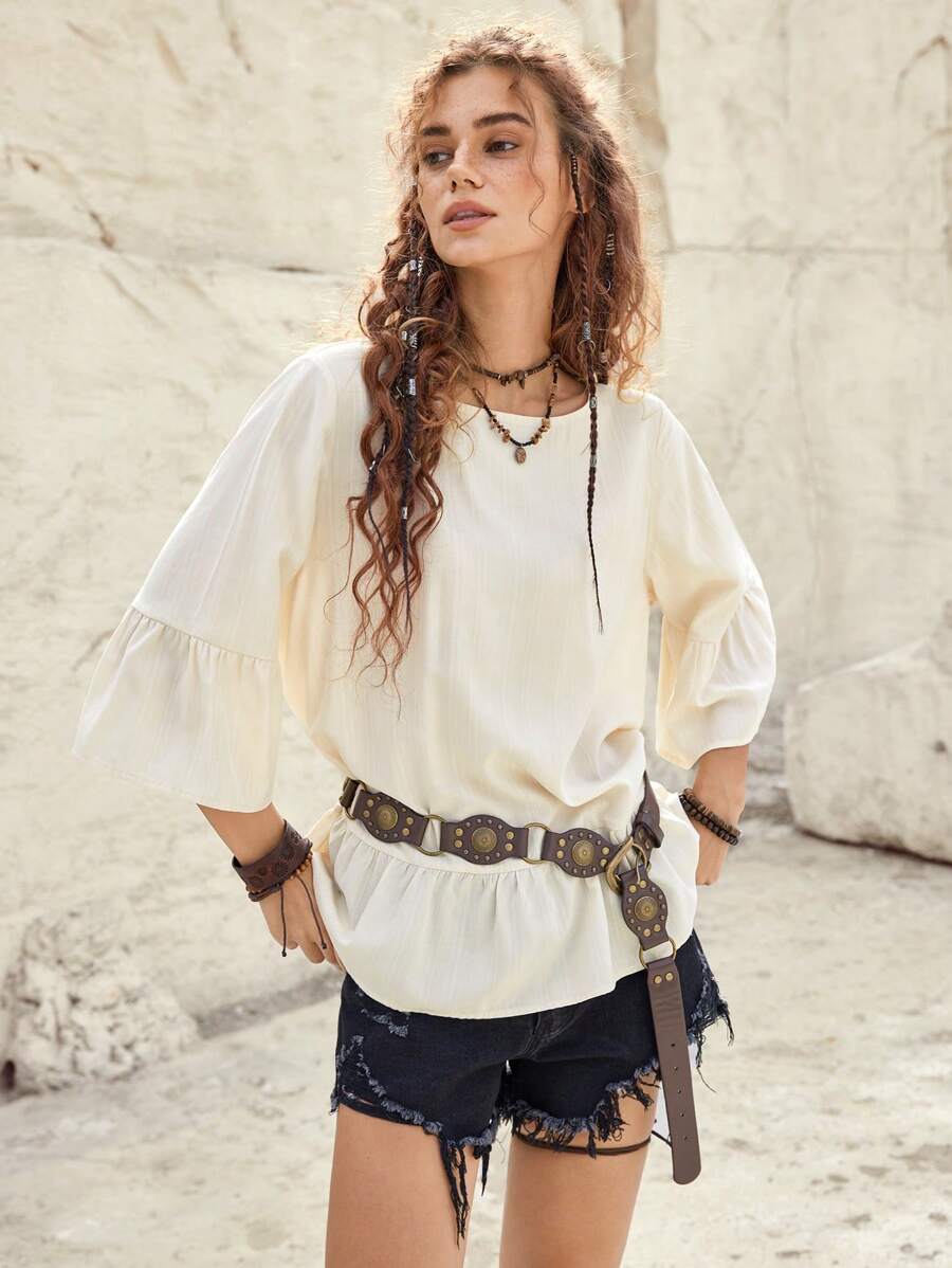 Bohemela Kỳ nghỉ Của phụ nữ Xù Hoa Sen Áo sơ mi - Màu be - Xem 1