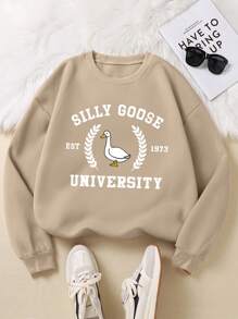 SHEIN EZwear 加大尺寸卡通和字母印花保暖衬裡毛衣 - 卡其色 - 查看 1