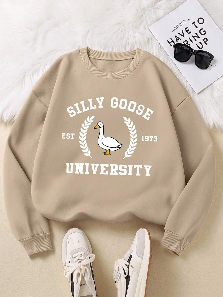 SHEIN EZwear 加大尺寸卡通和字母印花保暖衬裡毛衣 - 卡其色 - 查看 1