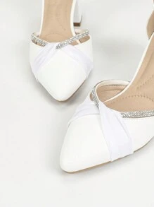 Fashionable Hollow Out Diamond-Studded Ankle Strap Chunky Heeled Pointed Toe Women's High Heels - White - View 7