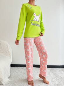RueChic Cartoon & Letter Print Pajamas Set - Green - View 5