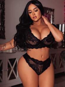 Kích thước lớn Của phụ nữ Ren Sexy Bộ đồ lót - màu đen - Xem 1