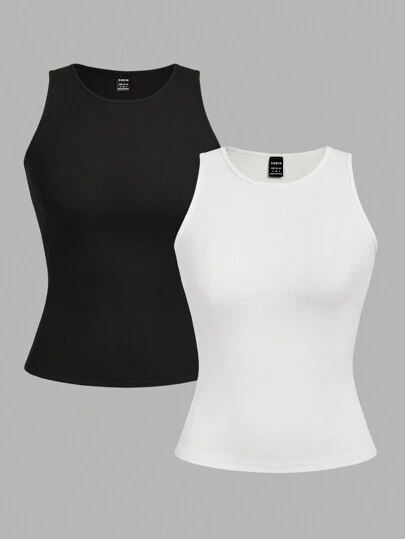 Comfortcana 2pcs Casual Round Neck Slim Fit Women's Tank Tops Suitable For Summer Back To School