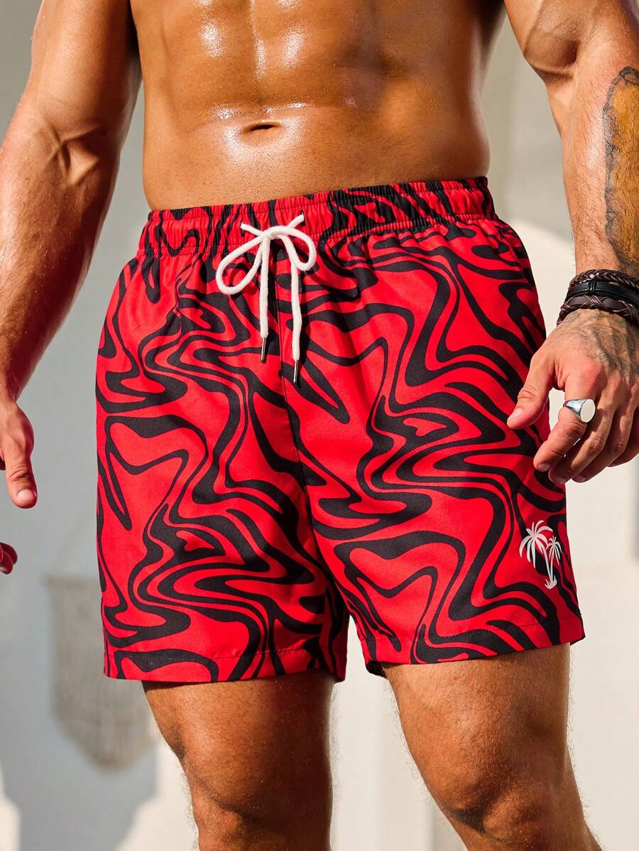 Manfinity Swimmode Men'S Abstract Fluid Print Drawstring Beach Shorts,Hawaiian - Multicolor - View 1