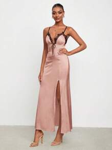 Thainara Oliveira Satin Dress With Lace Trim - Pink - View 3