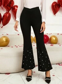 EMERY ROSE 浪漫情人节仿珍珠串珠女式喇叭裤 - 黑色 - 查看 1