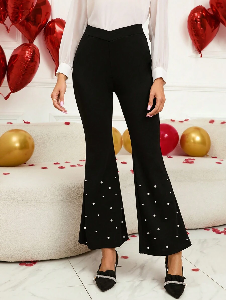 EMERY ROSE 浪漫情人节仿珍珠串珠女式喇叭裤 - 黑色 - 查看 1