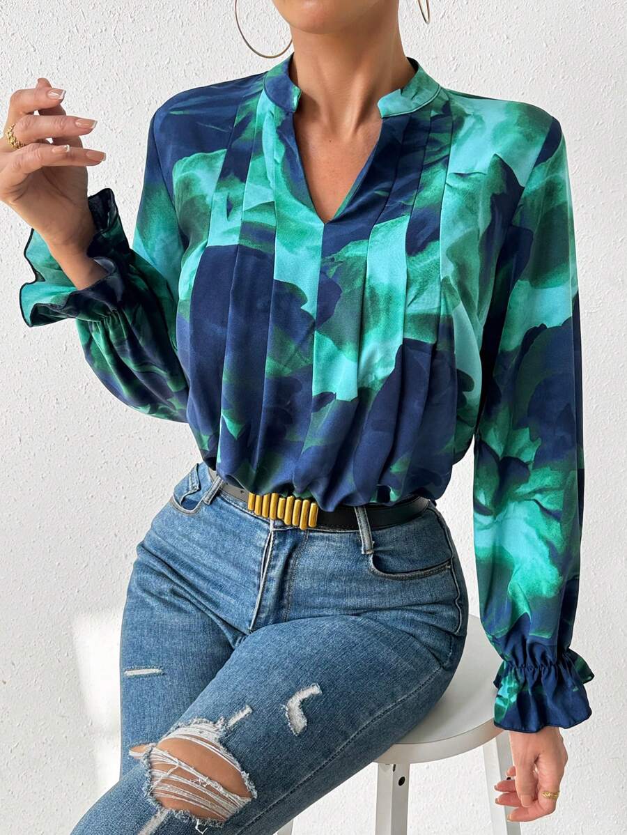 SHEIN Privé 印花上衣,帶凹口領和褶皺細節 - 綠色 - 查看 1