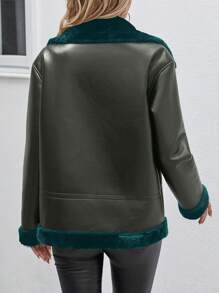SHEIN LUNE Colorblocked Teddy Lined Zipper Up Pu Leather Biker Jacket - Dark Green - View 2