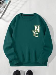 Men'S Plus Size Letter Print Round Neck Fleece Sweatshirt - Dark Green - View 1