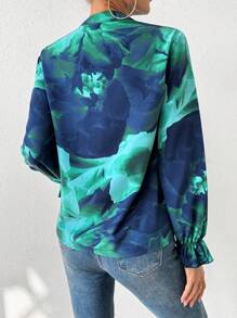 SHEIN Privé 印花上衣,帶凹口領和褶皺細節 - 綠色 - 查看 4